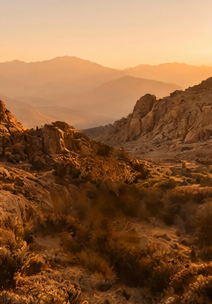 Desert hills at golden hour, ridge after ridge fading into haze